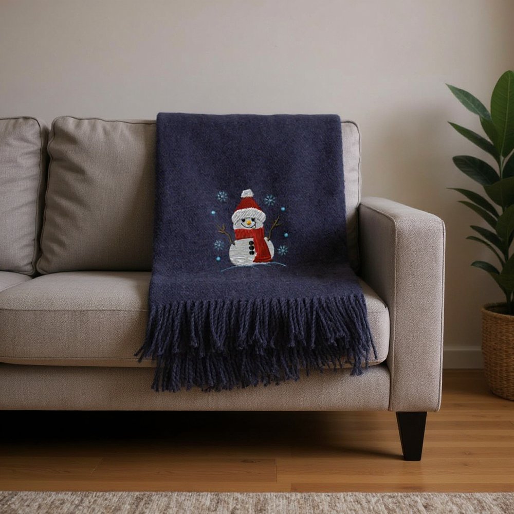 55" X 70" Navy BlueCotton Blend Woven Snowman Embroidered Throw Blanket with Fringe