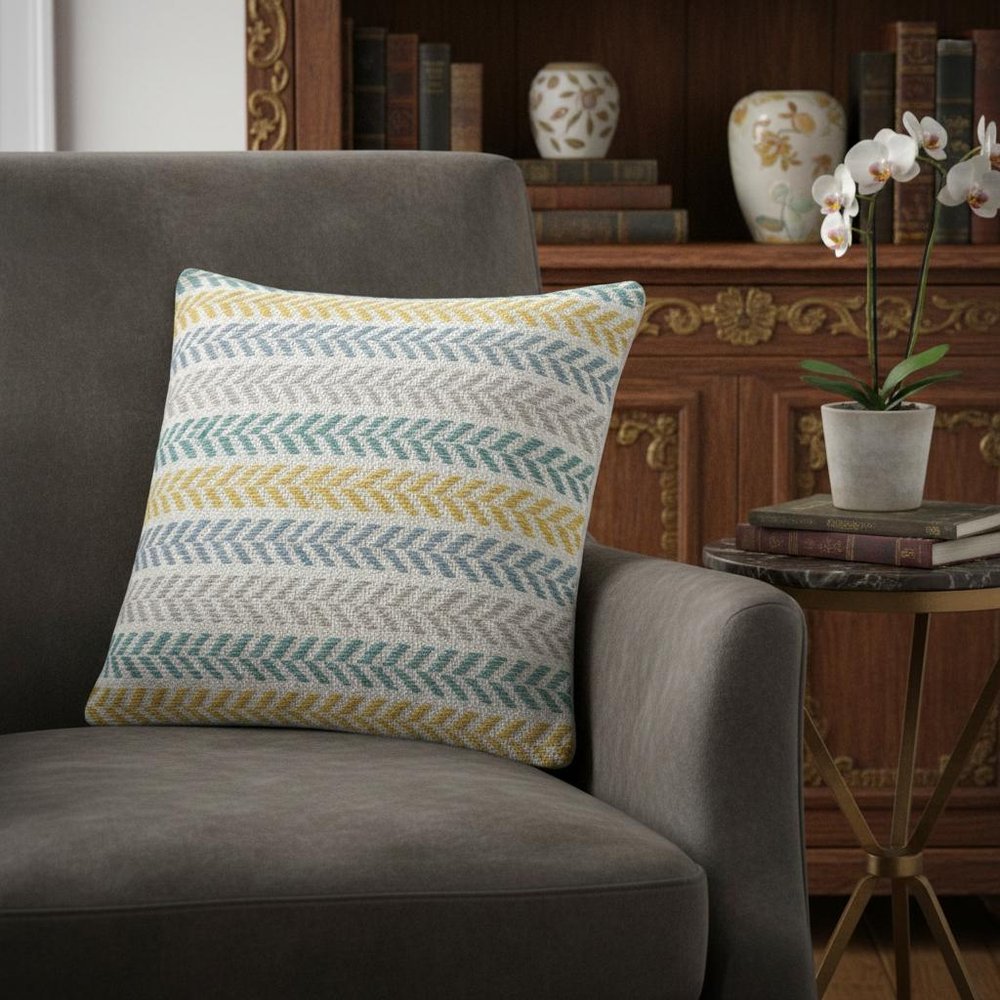 18" Yellow And Blue Beach Chevron Cotton Throw Pillow Cover