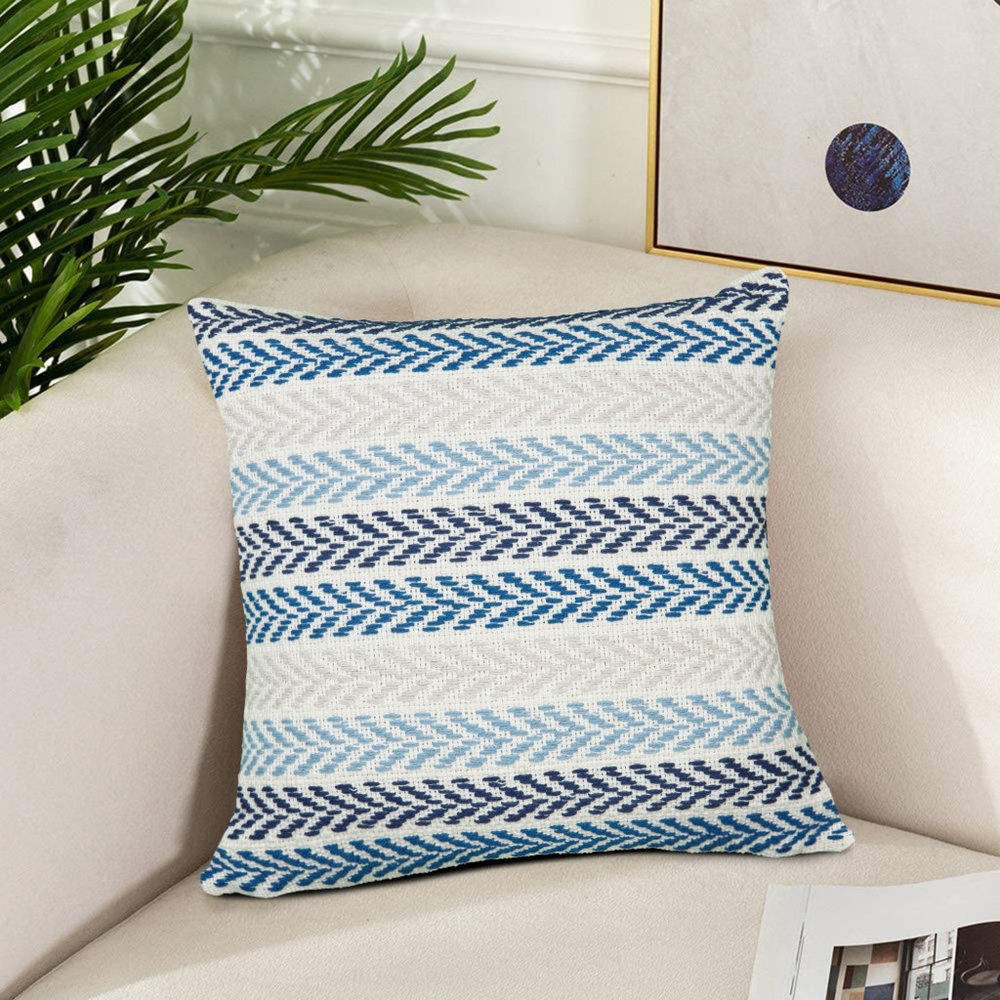 18" Blue And Beige Beach Chevron Cotton Throw Pillow Cover