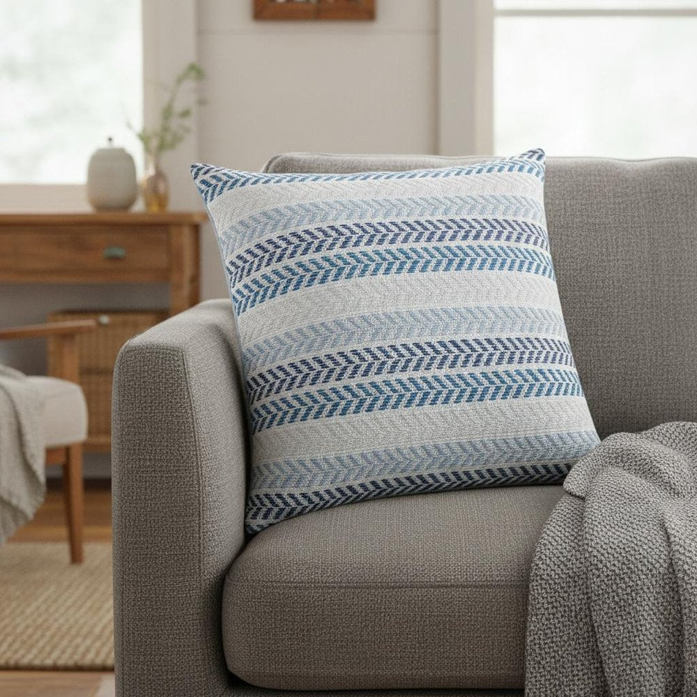 18" Blue And Beige Beach Chevron Cotton Throw Pillow Cover