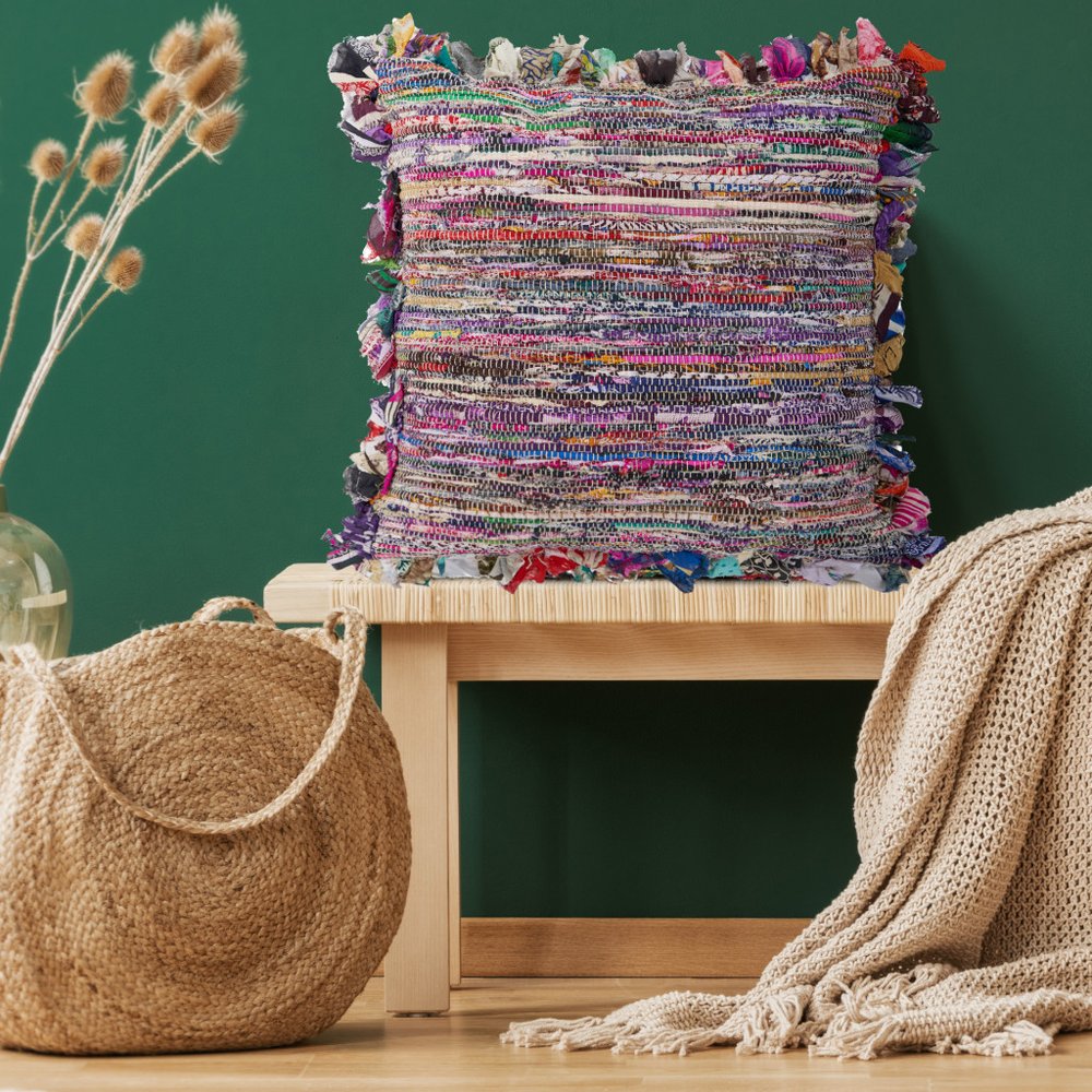 18" Pink And Blue Striped Rayon Throw Pillow Cover