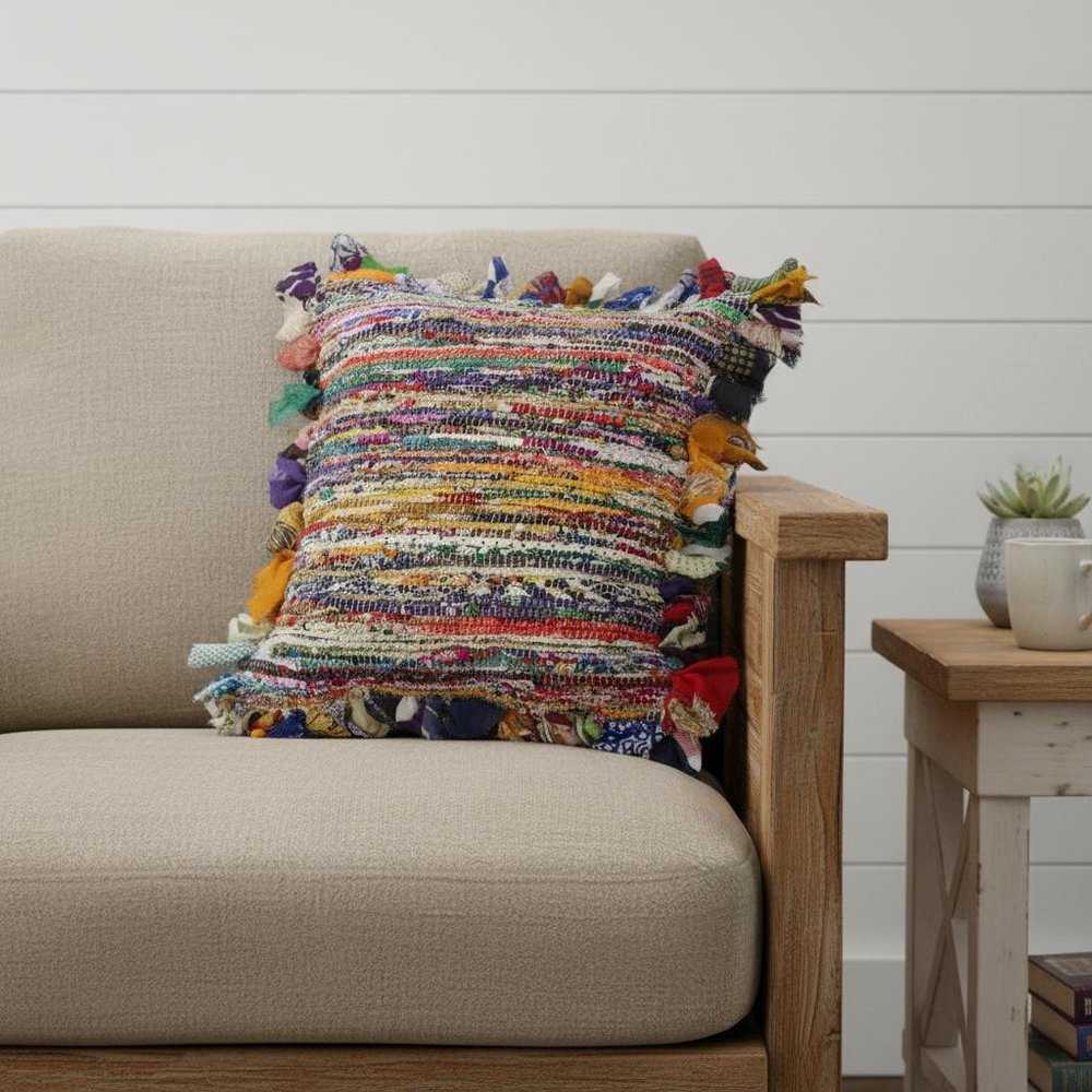 18" Pink Blue Red And Orange Striped Rayon Throw Pillow Cover with Tufts