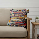 18" Pink Blue Red And Orange Striped Rayon Throw Pillow Cover with Tufts