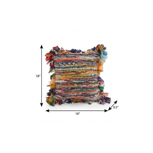 18" Pink Blue Red And Orange Striped Rayon Throw Pillow Cover with Tufts