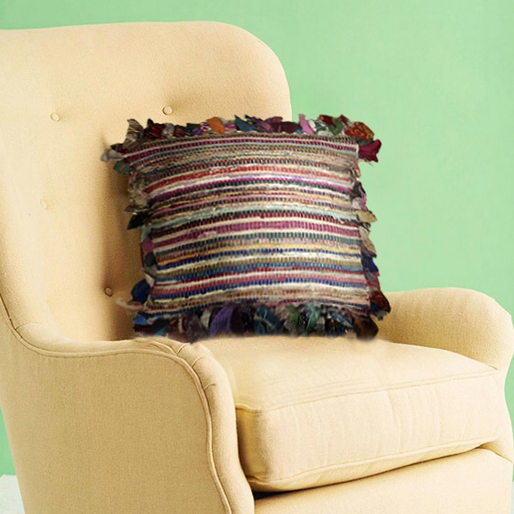 18" Pink Blue Red And Orange Striped Rayon Throw Pillow Cover with Tufts
