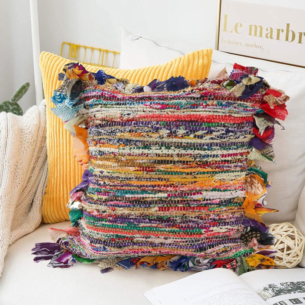 18" Pink Blue Red And Orange Striped Rayon Throw Pillow Cover with Tufts