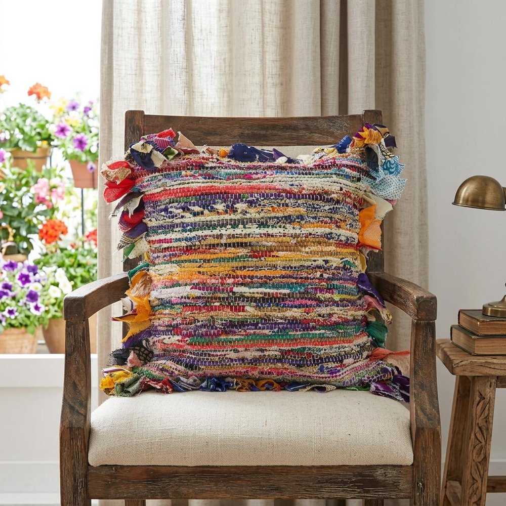 26" Pink Blue Red And Orange Floor Striped Rayon Throw Pillow Cover with Tufts