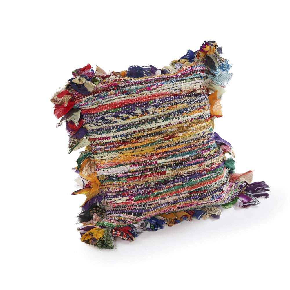 26" Blue Orange Pink And Red Striped Rayon Throw Pillow Cover with Tufts