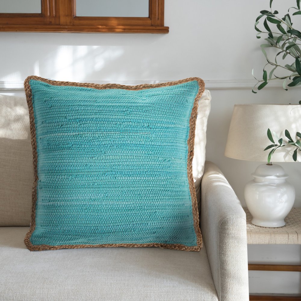 20" Blue And Tan Beach Cotton Blend Throw Pillow Cover