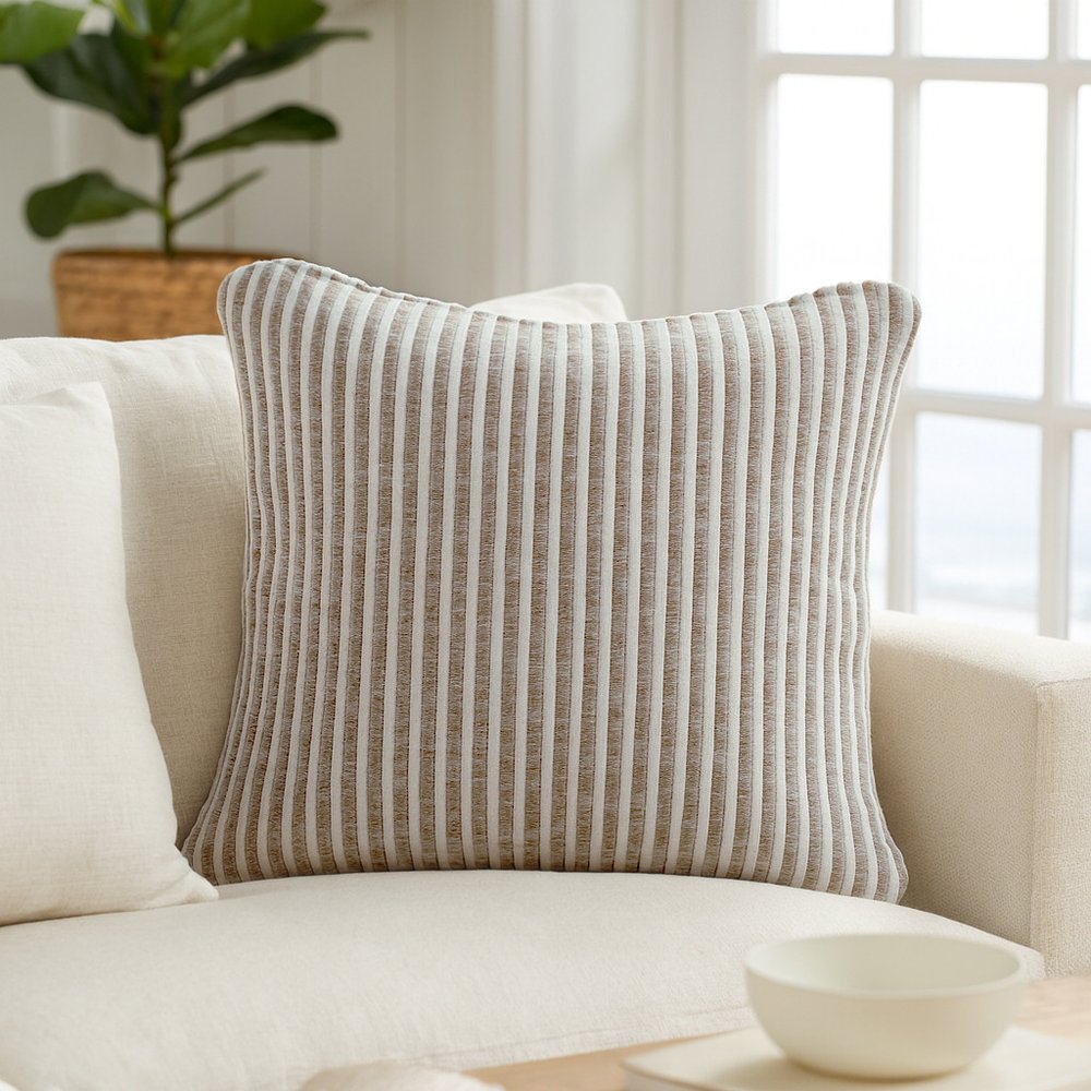 22" Beige And Cream Beach Striped Cotton Throw Pillow Cover