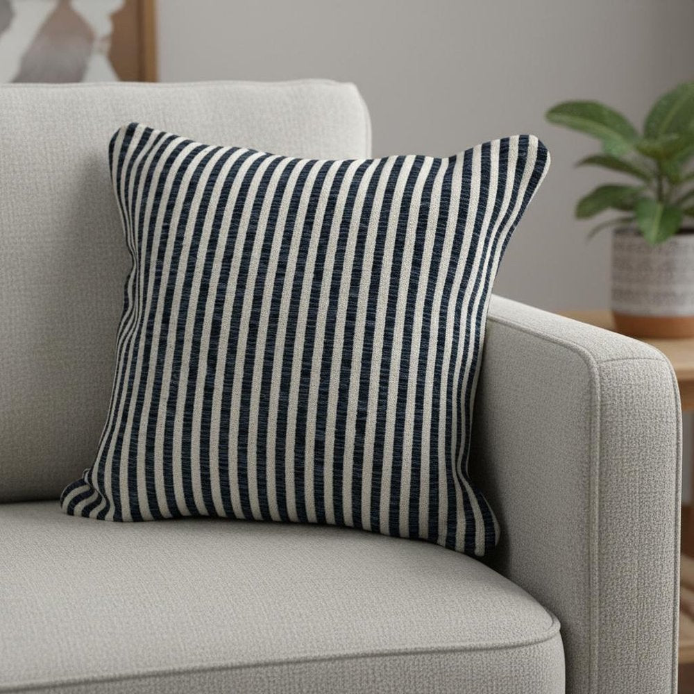 22" Blue And White Striped Cotton Throw Pillow Cover
