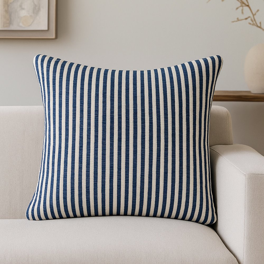 22" Blue And White Striped Cotton Throw Pillow Cover