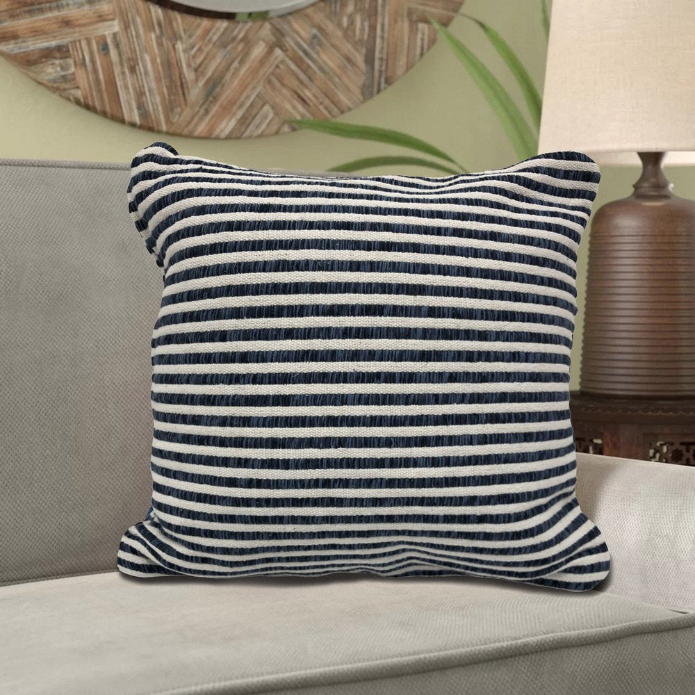 22" Blue And White Striped Cotton Throw Pillow Cover