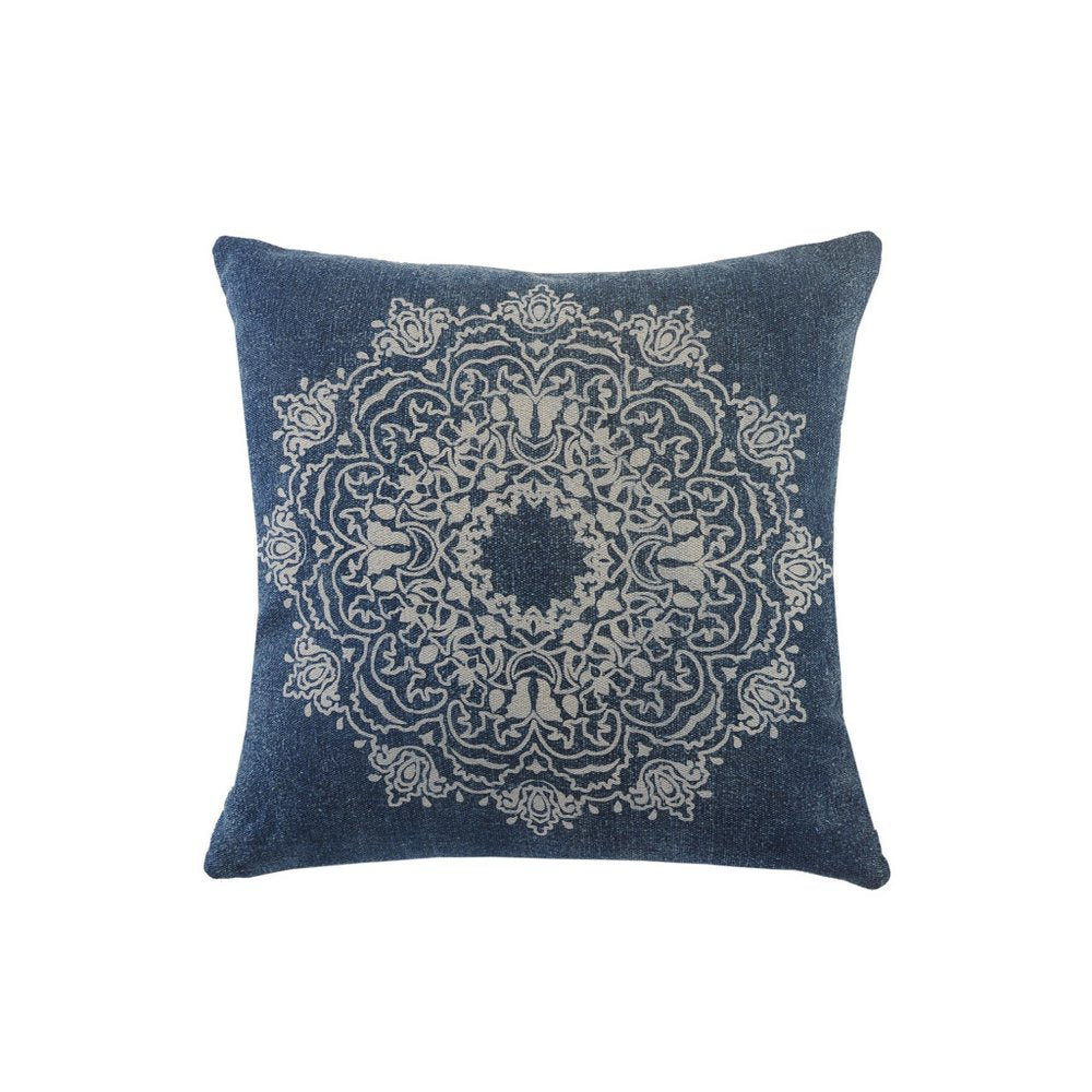 20" Blue And White Medallion Cotton Throw Pillow Cover
