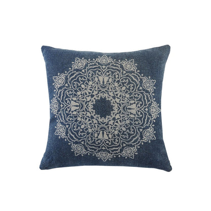 20" Blue And White Medallion Cotton Throw Pillow Cover