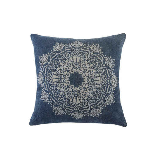 20" Blue And White Medallion Cotton Throw Pillow Cover