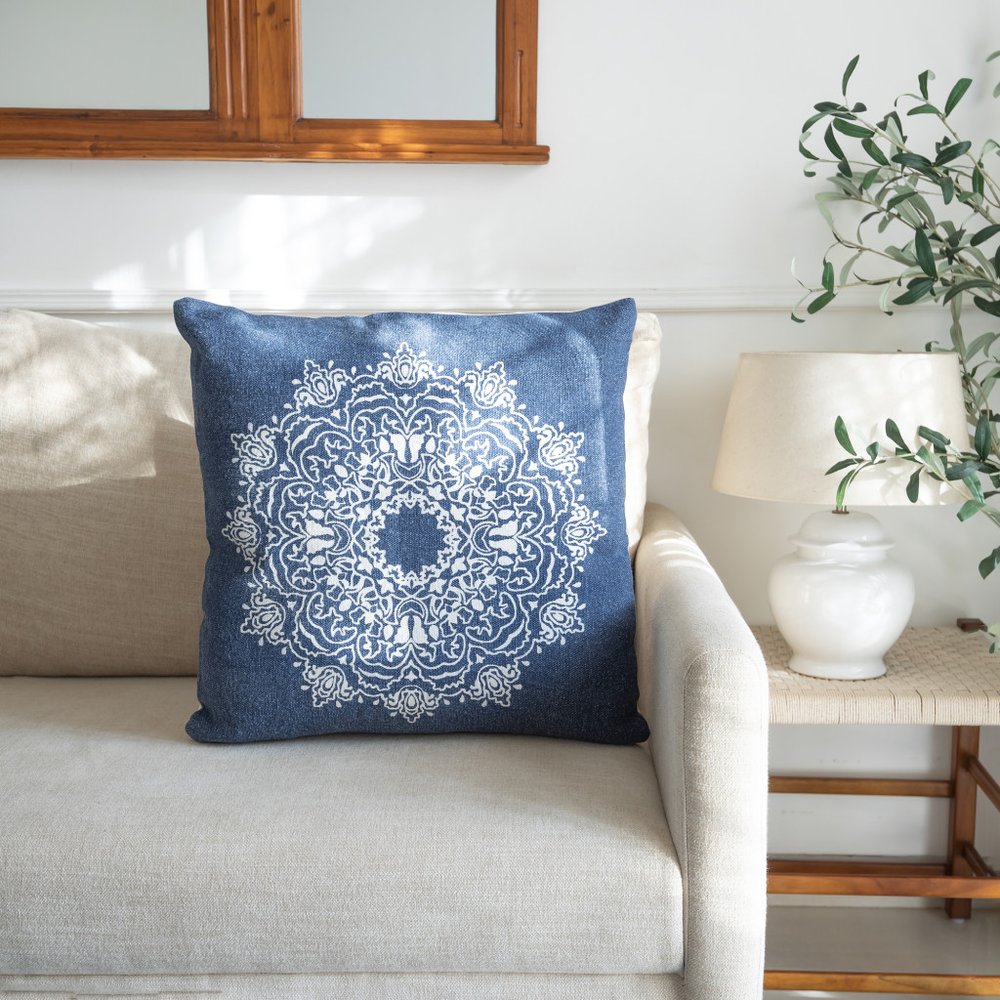 20" Blue And White Medallion Cotton Throw Pillow Cover