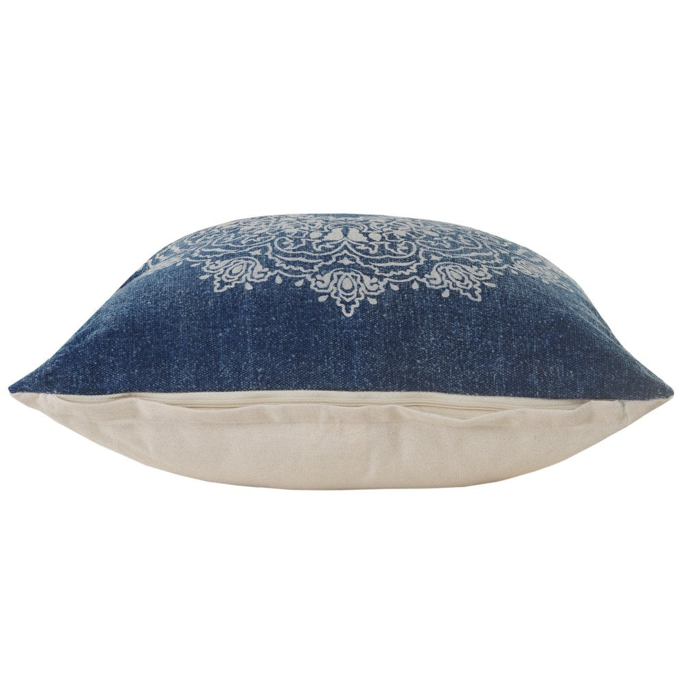 20" Blue And White Medallion Cotton Throw Pillow Cover