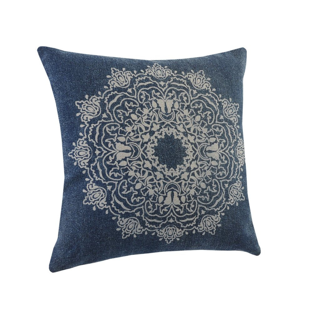 20" Blue And White Medallion Cotton Throw Pillow Cover