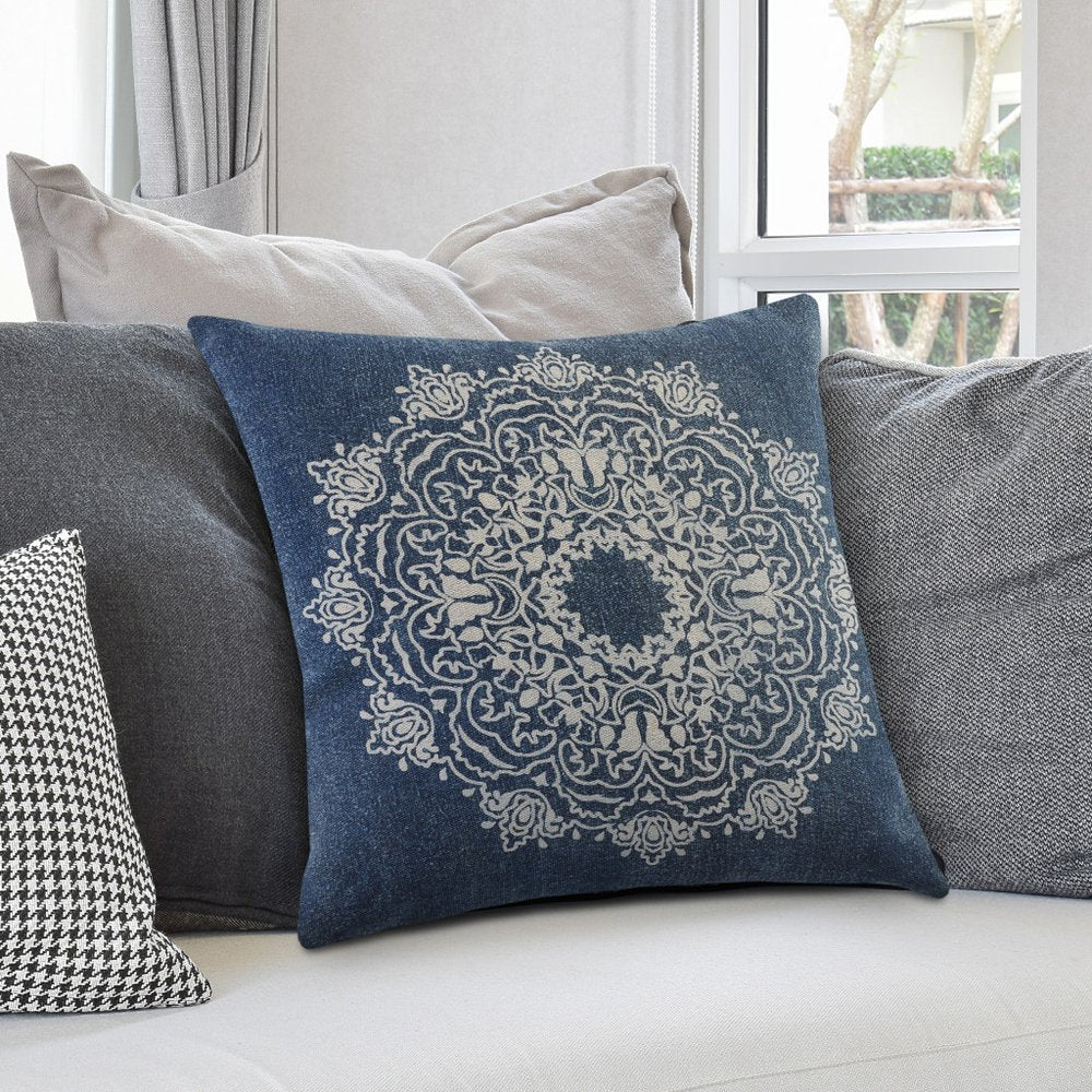20" Blue And White Medallion Cotton Throw Pillow Cover
