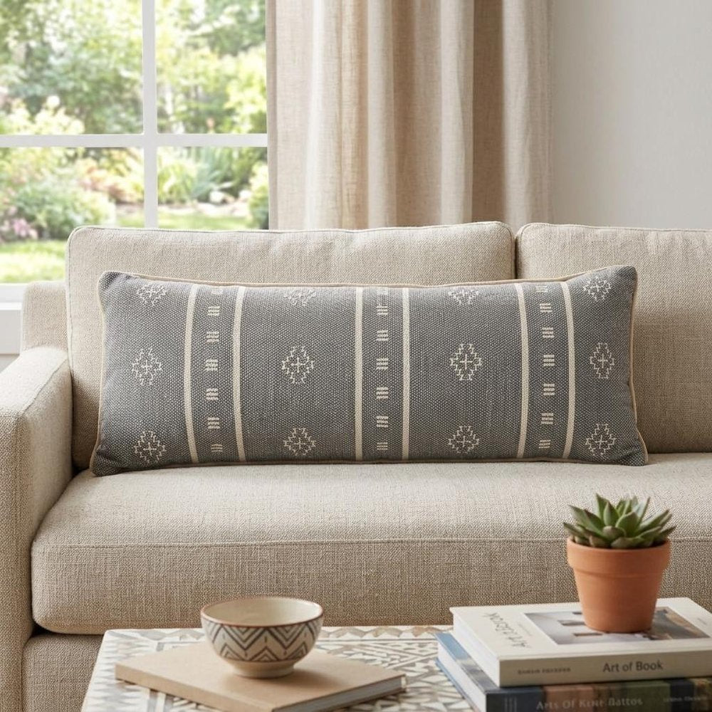14" X 36" Gray And Ivory Lumbar Striped Cotton Throw Pillow Cover