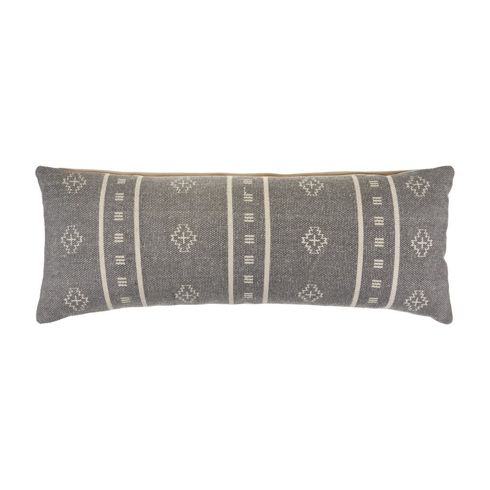 14" X 36" Gray And Ivory Lumbar Striped Cotton Throw Pillow Cover