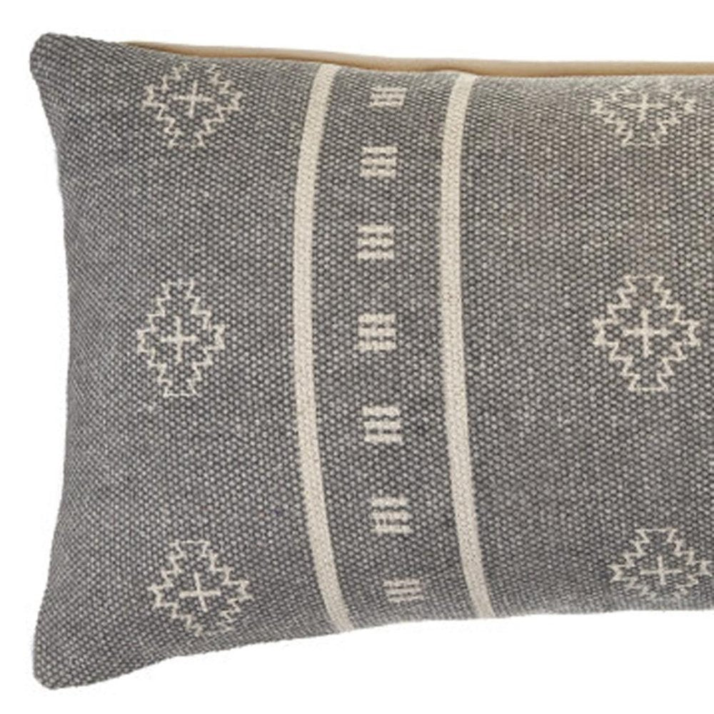 14" X 36" Gray And Ivory Lumbar Striped Cotton Throw Pillow Cover