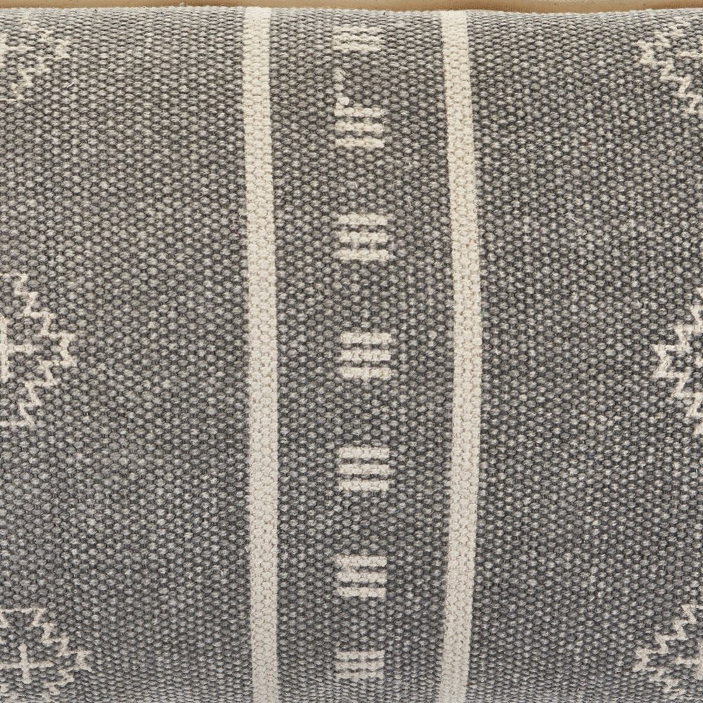 14" X 36" Gray And Ivory Lumbar Striped Cotton Throw Pillow Cover