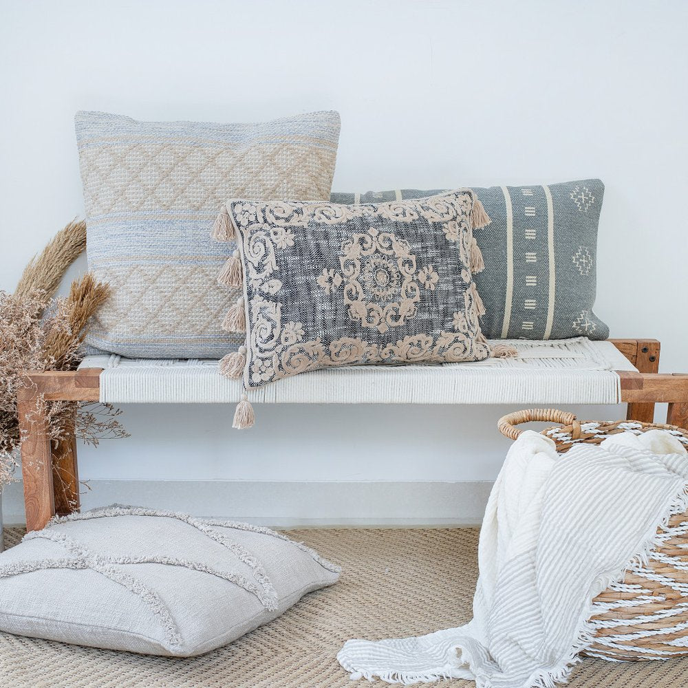 14" X 36" Gray And Ivory Lumbar Striped Cotton Throw Pillow Cover