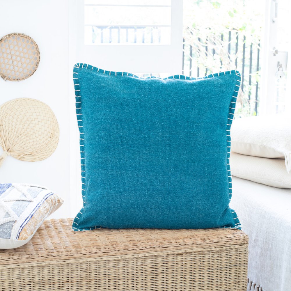 24" Blue Cotton Throw Pillow Cover