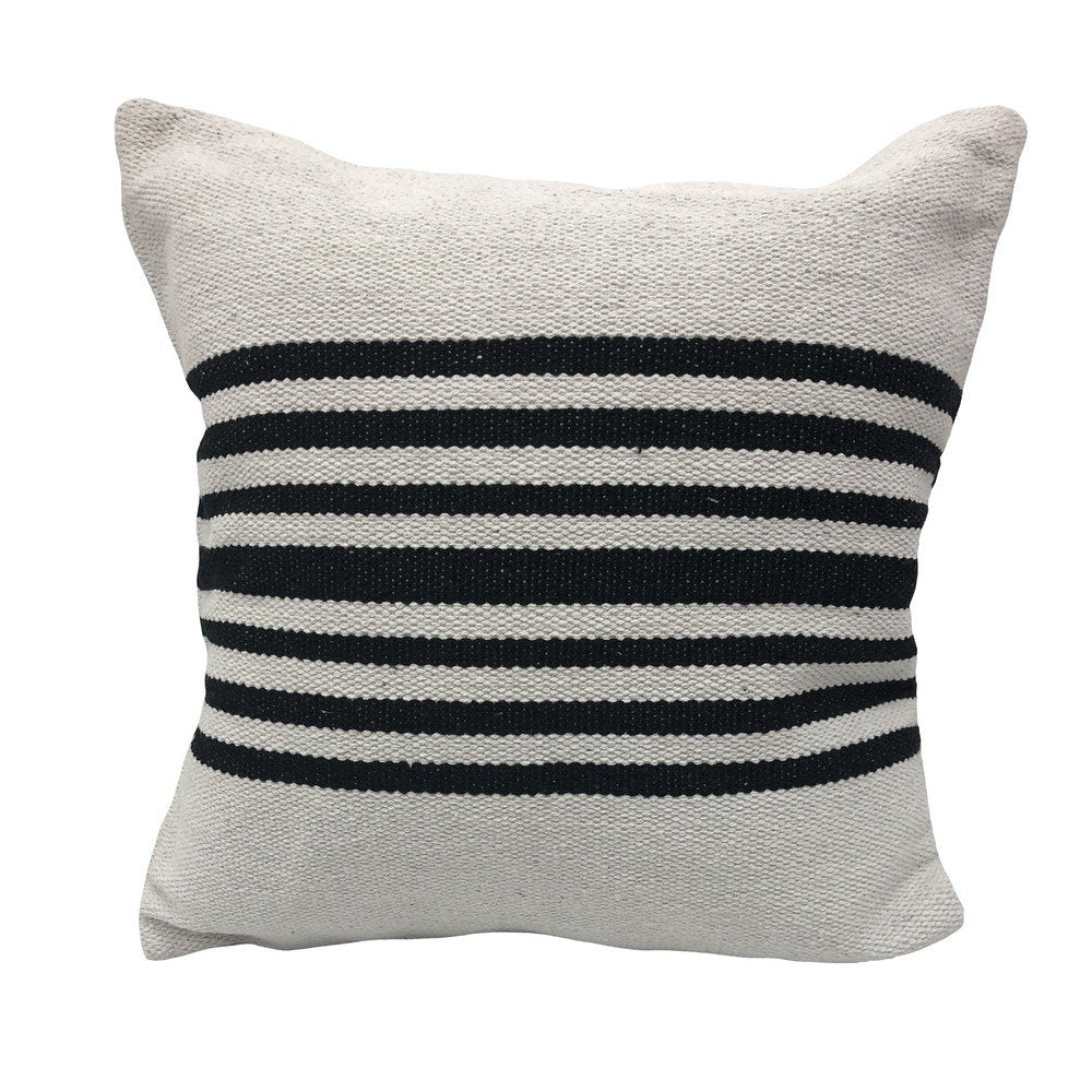 22" White And Black Striped Cotton Throw Pillow Cover