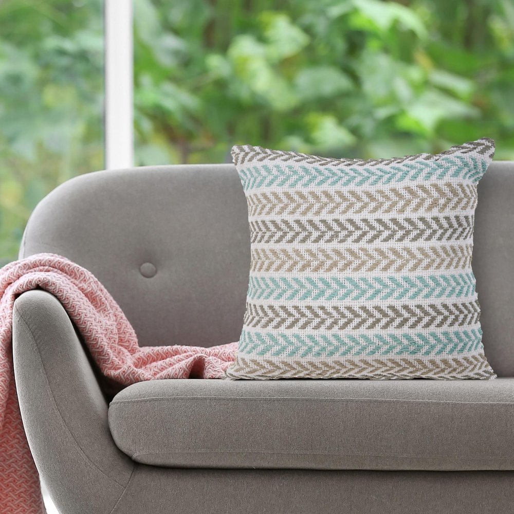 18" Gray And Blue Beach Chevron Cotton Throw Pillow Cover