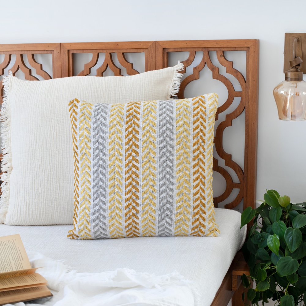 18" Yellow And Gray Beach Chevron Cotton Throw Pillow Cover