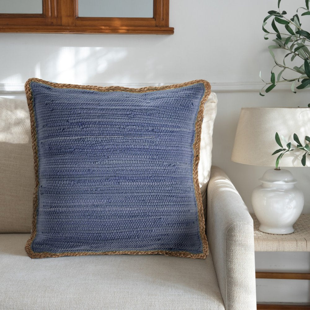 20" Blue And Tan Beach Cotton Blend Throw Pillow Cover