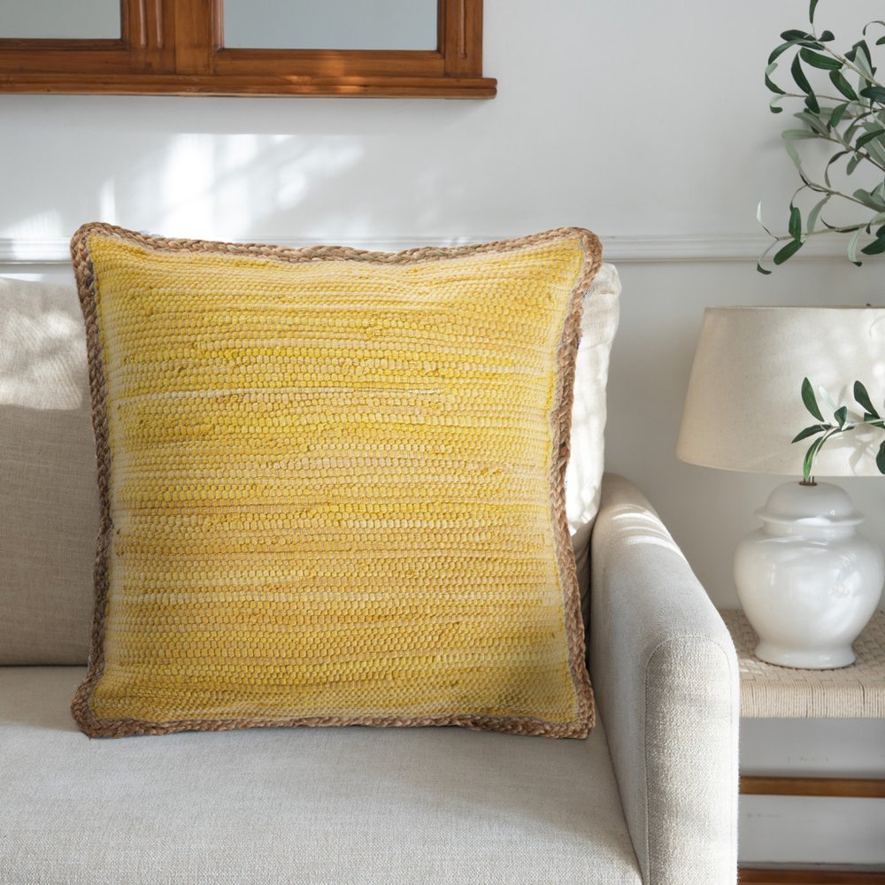 20" Yellow And Tan Beach Cotton Blend Throw Pillow Cover
