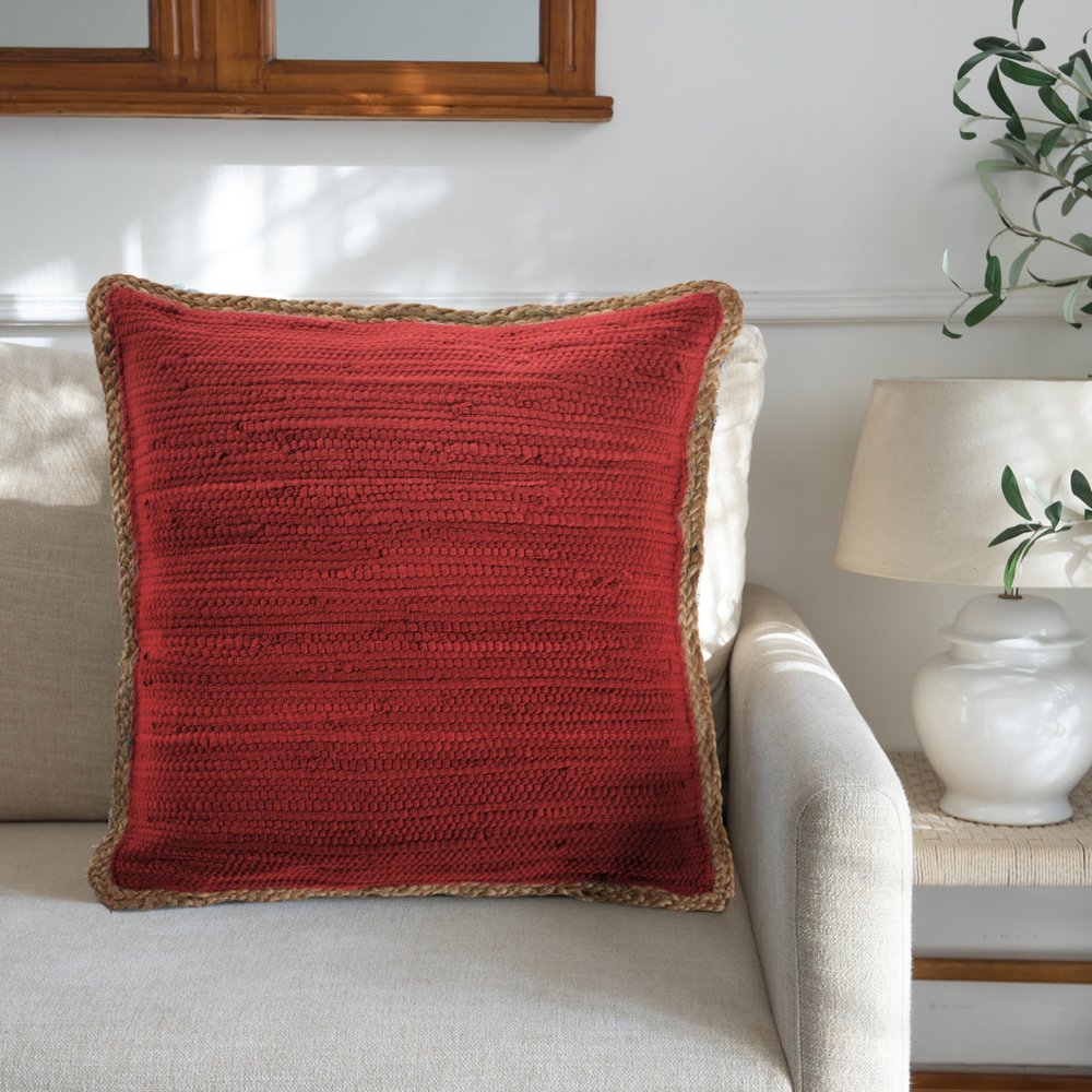 20" Red And Tan Beach Cotton Blend Throw Pillow Cover