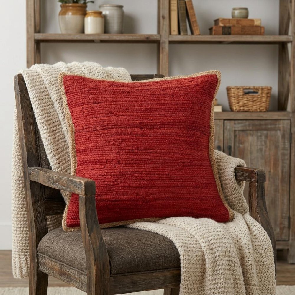 20" Red And Tan Beach Cotton Blend Throw Pillow Cover with Texture