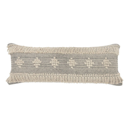 14" X 36" Black And Cream Lumbar Geometric Cotton Throw Pillow Cover with Fringe And Texture
