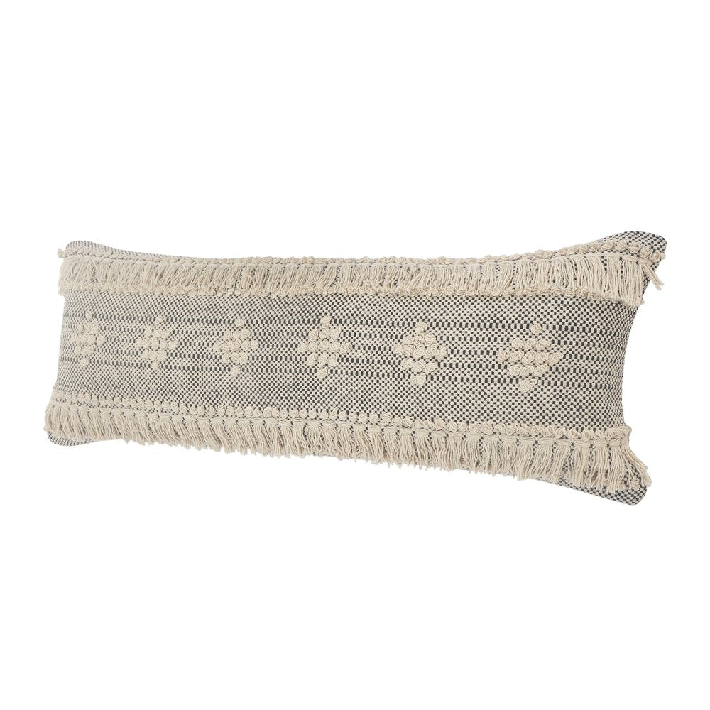 14" X 36" Black And Cream Lumbar Geometric Cotton Throw Pillow Cover with Fringe And Texture