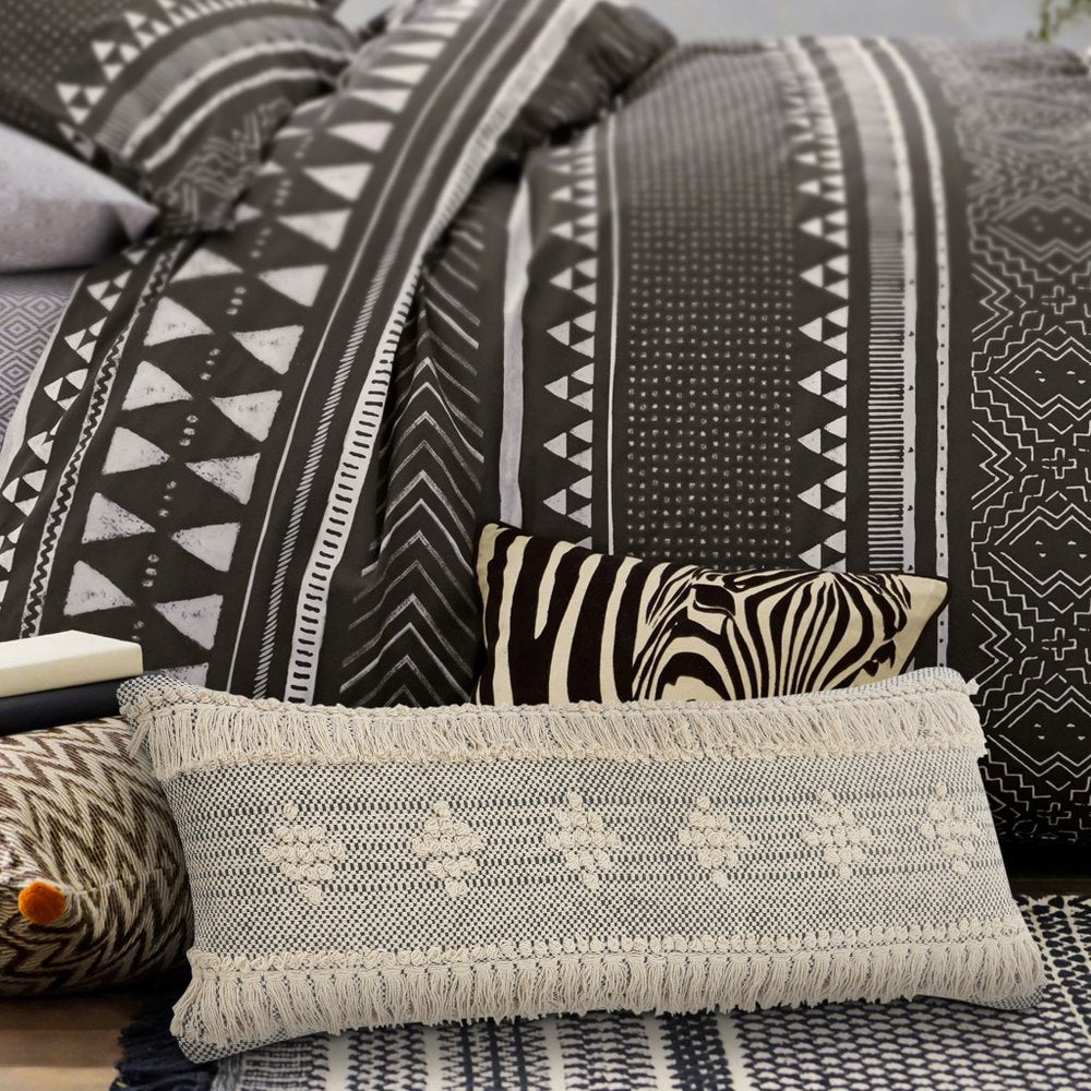 14" X 36" Gray And Cream Lumbar Geometric Cotton Throw Pillow Cover