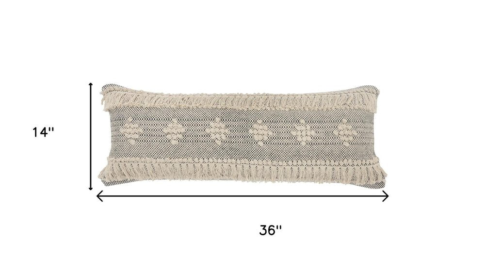 14" X 36" Black And Cream Lumbar Geometric Cotton Throw Pillow Cover with Fringe And Texture