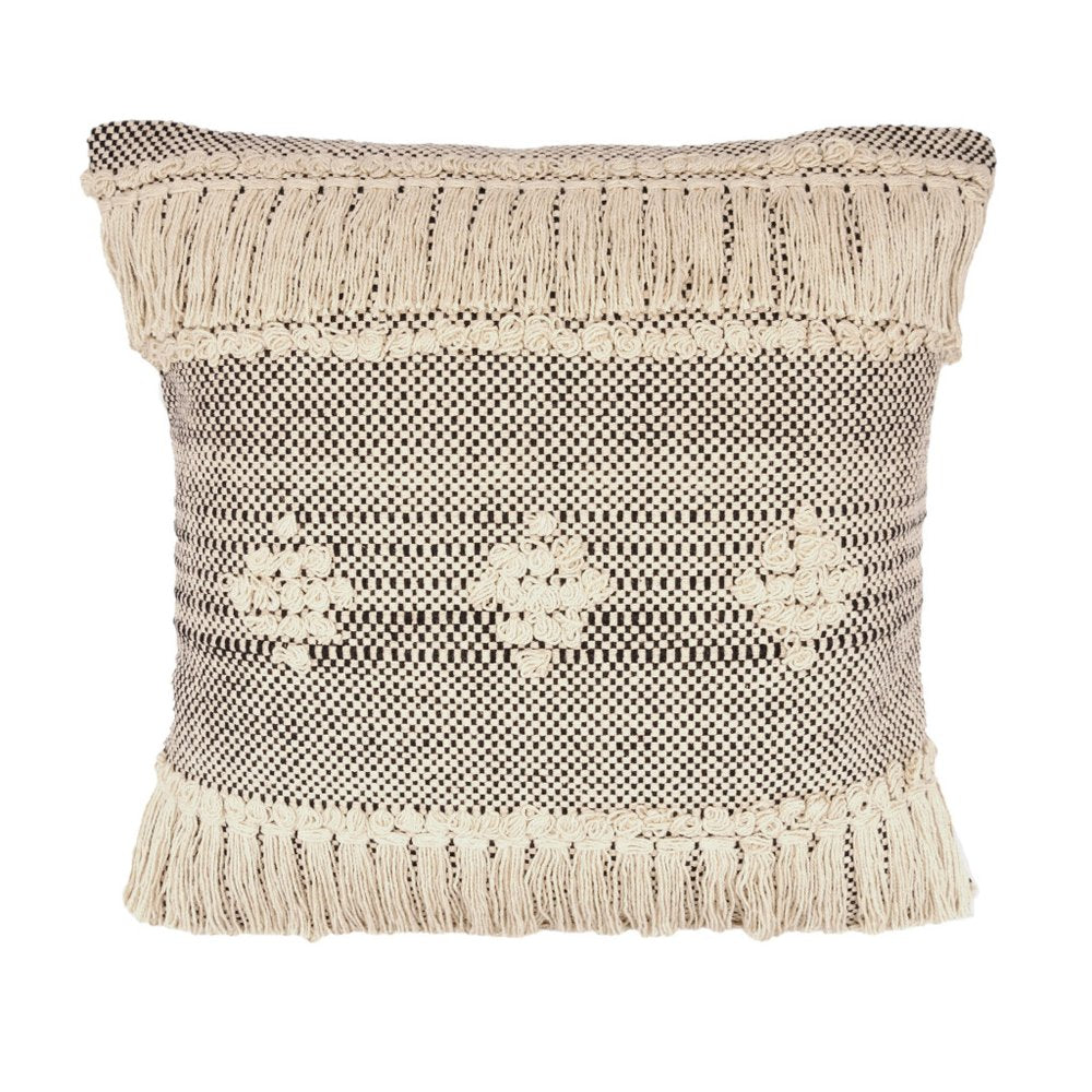 20" Black And Cream Geometric Cotton Throw Pillow Cover with Fringe And Texture