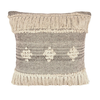 20" Black And Cream Geometric Cotton Throw Pillow Cover with Fringe And Texture
