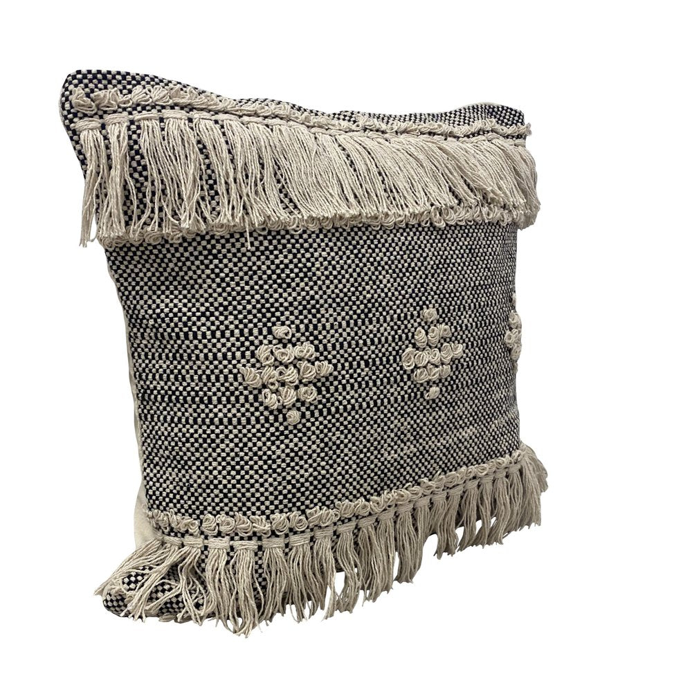 20" Black And Cream Geometric Cotton Throw Pillow Cover with Fringe And Texture