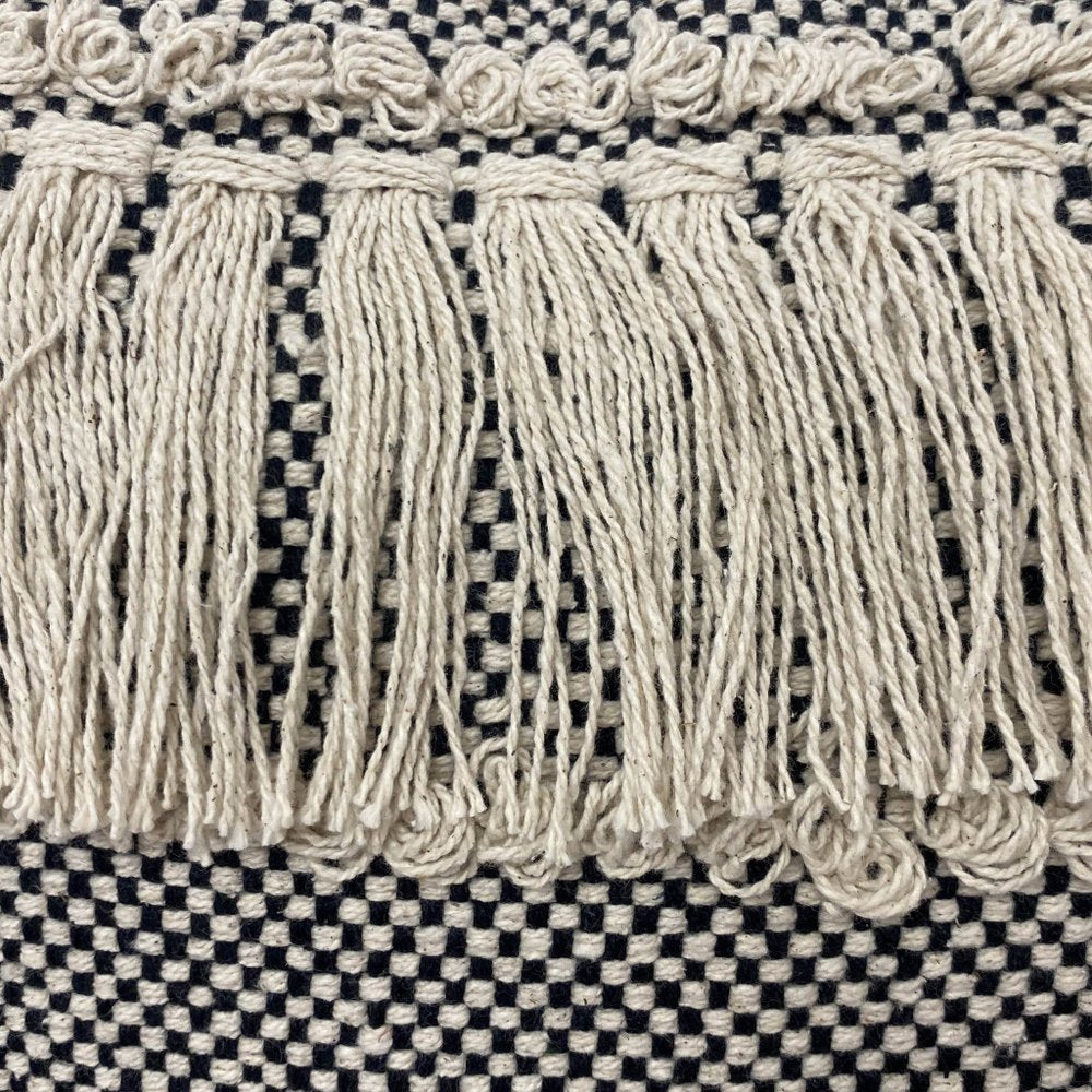 20" Black And Cream Geometric Cotton Throw Pillow Cover with Fringe And Texture