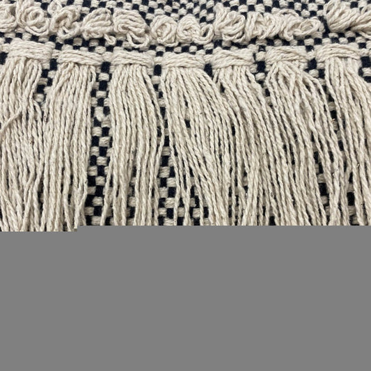 20" Black And Cream Geometric Cotton Throw Pillow Cover with Fringe And Texture