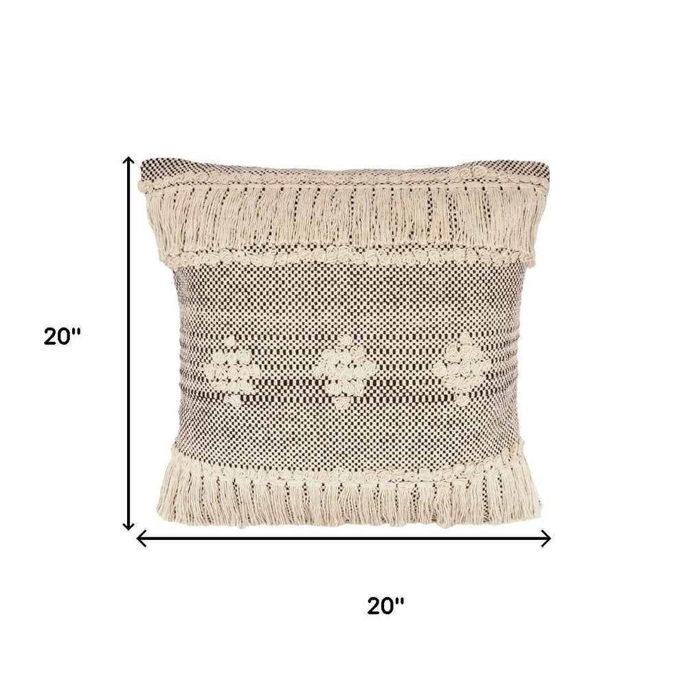 20" Black And Cream Geometric Cotton Throw Pillow Cover with Fringe And Texture