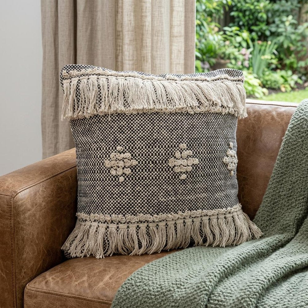 20" Black And Cream Geometric Cotton Throw Pillow Cover with Fringe And Texture