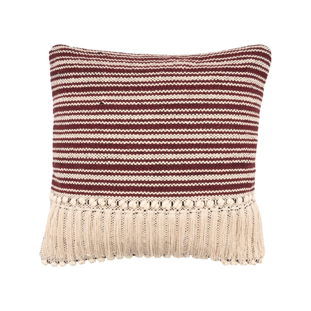 20" Red And Black Striped Cotton Throw Pillow Cover with Fringe And Texture