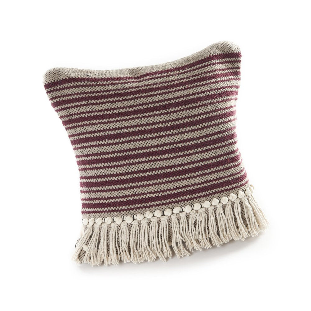 20" Red And Black Striped Cotton Throw Pillow Cover with Fringe And Texture
